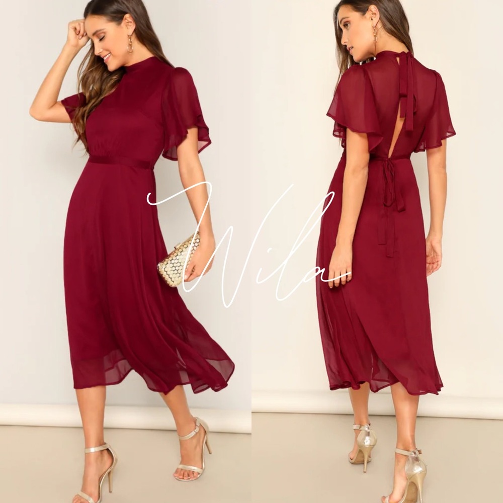 Burgundy maroon highneck flutter sleeve midi dress